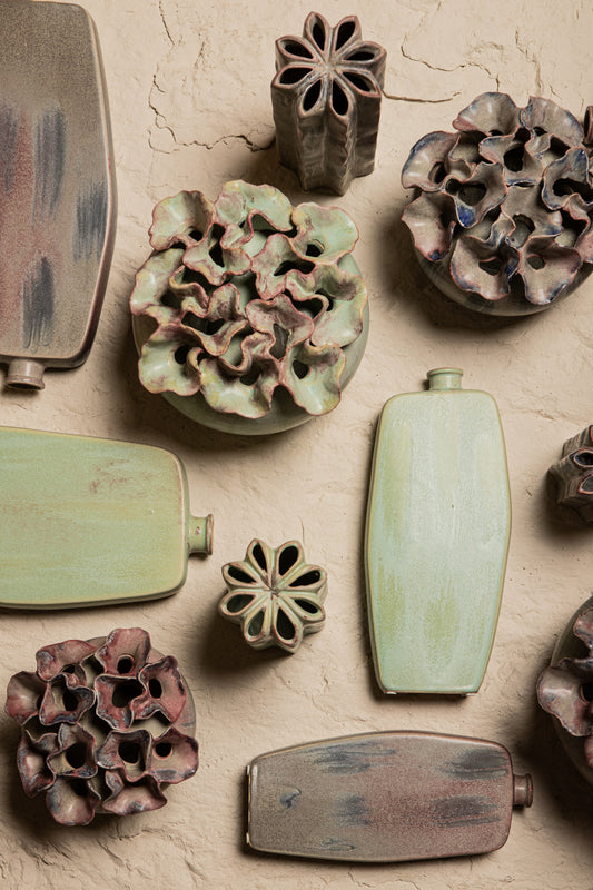 Jullia Green Ceramic Vase Flower Shaped Holes M