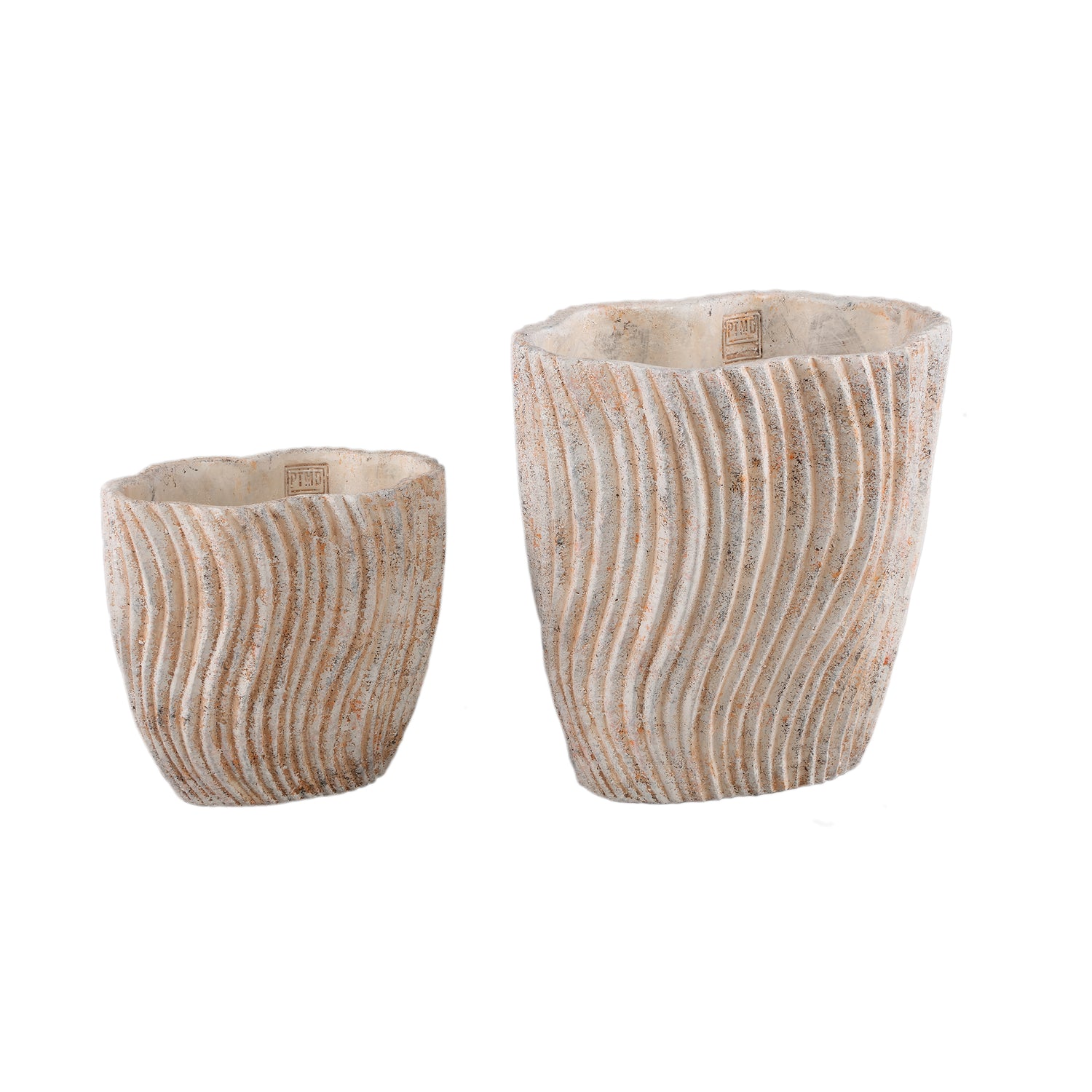 Robbien Crème Cement Pot Ovaal Met Golflijnen Hoog L 32x30x20 cm