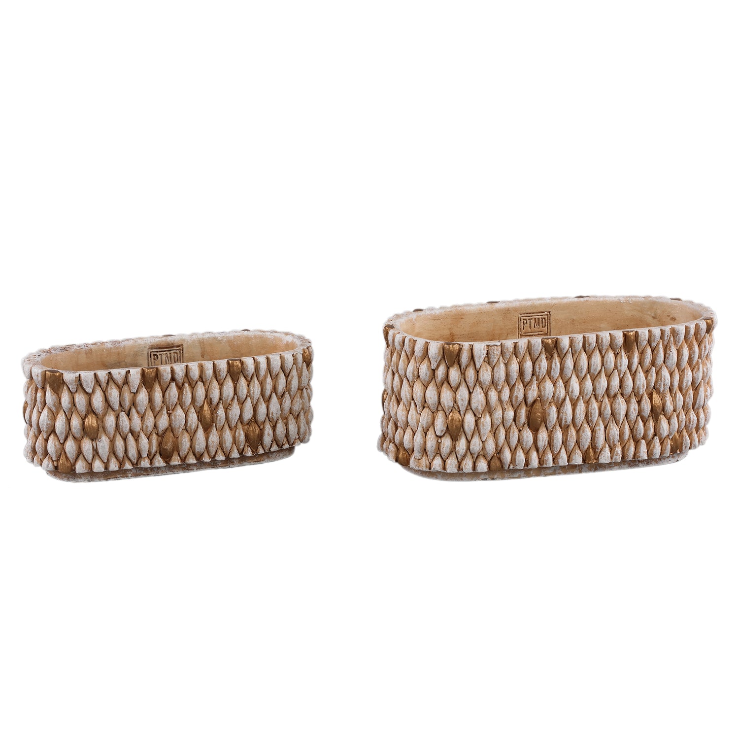 Hilla Crème Ovale Cementpot Met Gouden Details L - Set Van 8 Stuks 13x30x13 cm