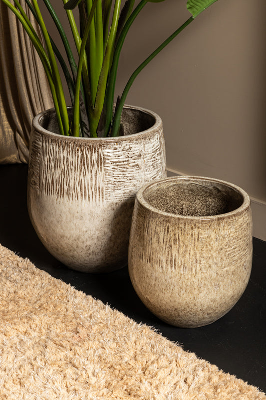 Donnie Beige Round Ceramic Pot Stripped Border SV4