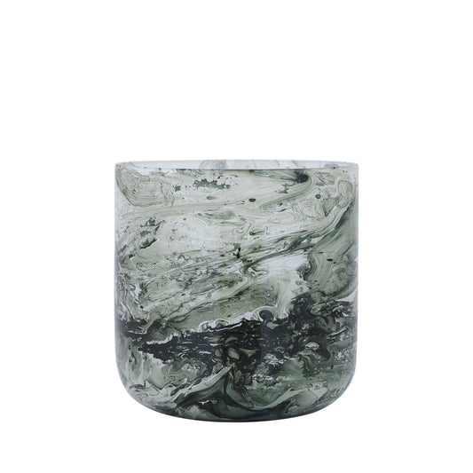 Kinner Groen Rond Glazen Windlicht Wit Marmer Set van 12 Stuks - 12 Sets 14x14x14 cm