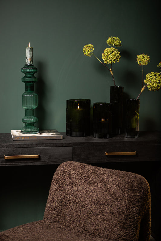 Alphaba Olive Green Round Ribbed Glass Vase Wide S