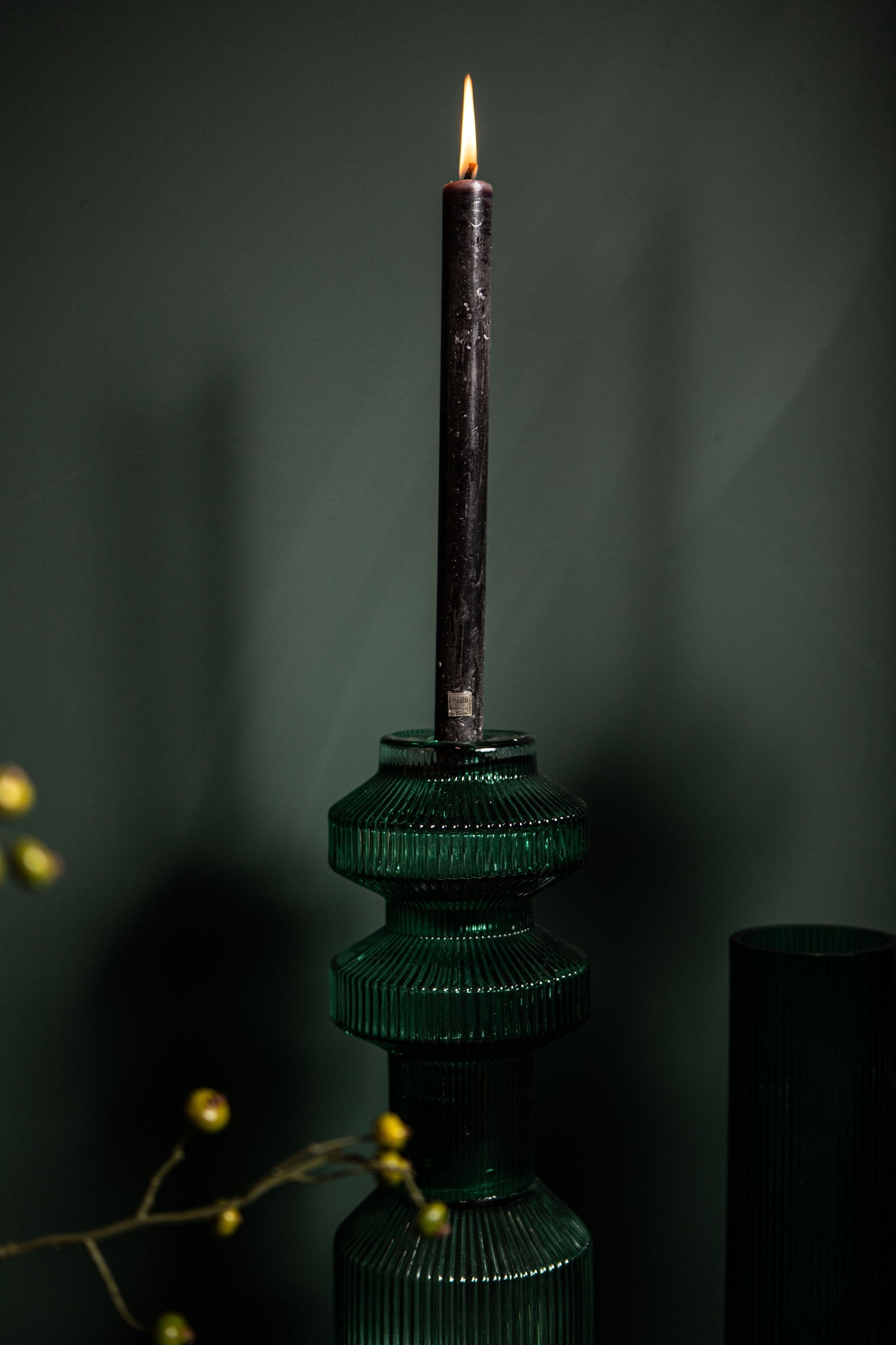 Galinda Dark Green Ribbed Glass Candle Holder S