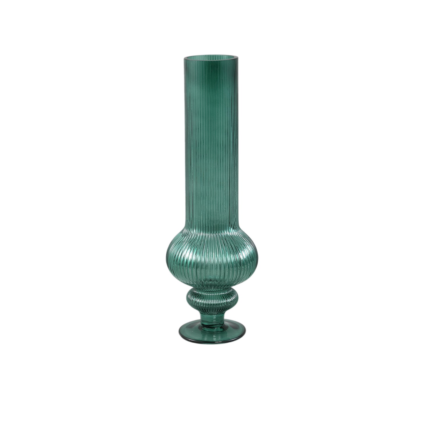 Keala Dark Green Round Ribbed Glass Vase On Base S