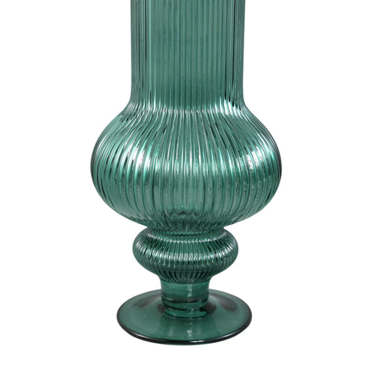 Keala Donkergroen Rond Geribde Glazen Vaas Op Voet Set van 2 - 2 Sets 40x13.5x13.5 cm