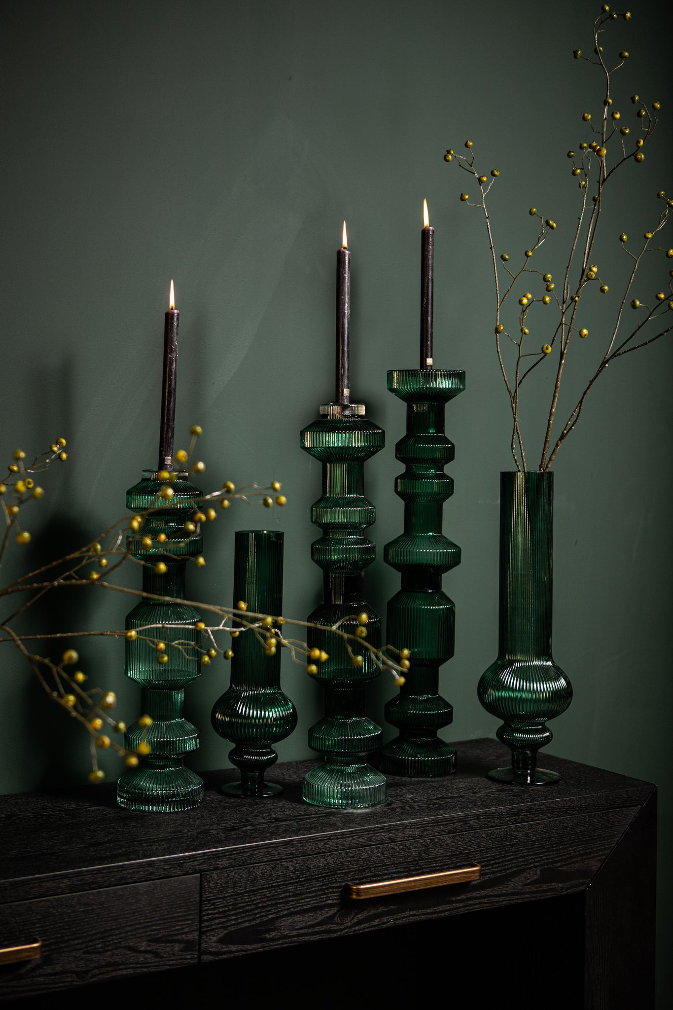 Keala Dark Green Round Ribbed Glass Vase On Base S