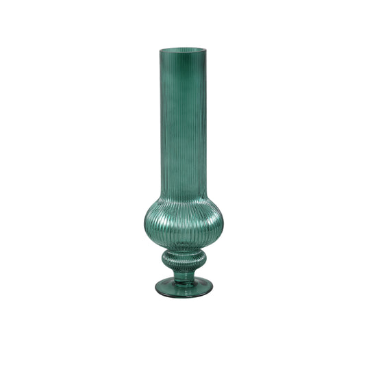 Keala Donkergroen Rond Geribde Glazen Vaas Op Voet Set van 2 - 2 Sets 40x13.5x13.5 cm