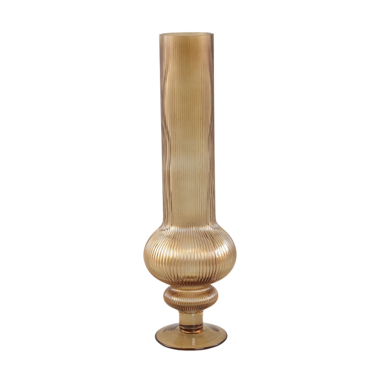 Keala Amber Round Ribbed Glass Vase On Base L