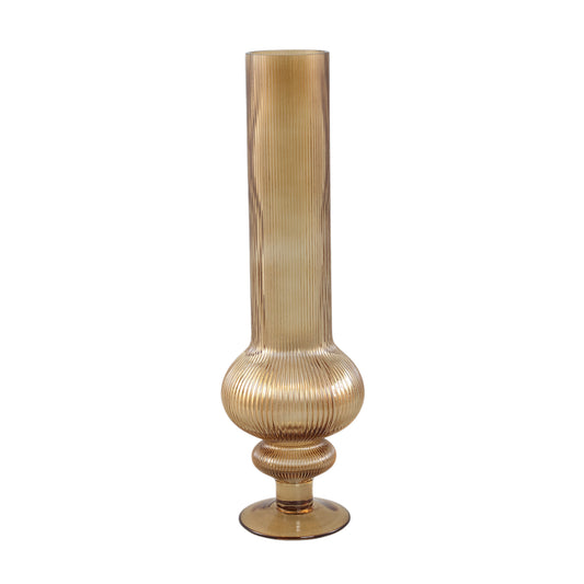 Keala Amber Round Ribbed Glass Vase On Base L