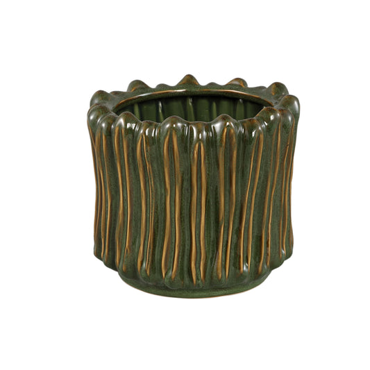 Luci Donkergroen Keramische Pot Geribd Rond Set van 2 - 2 Sets 23x24.5x24.5 cm