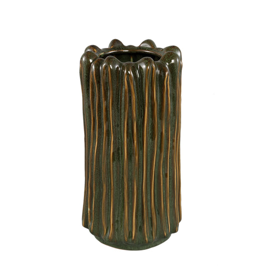 Luci Donkergroene Keramische Vaas Geribbd Rond Set van 2 - 2 Sets 35.5x18.5x18.5 cm