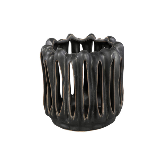 Luci Zwart Keramisch Windlicht Open Geribbeld Rond M Set van 6 Stuks - 6 Sets 16.5x17x17 cm