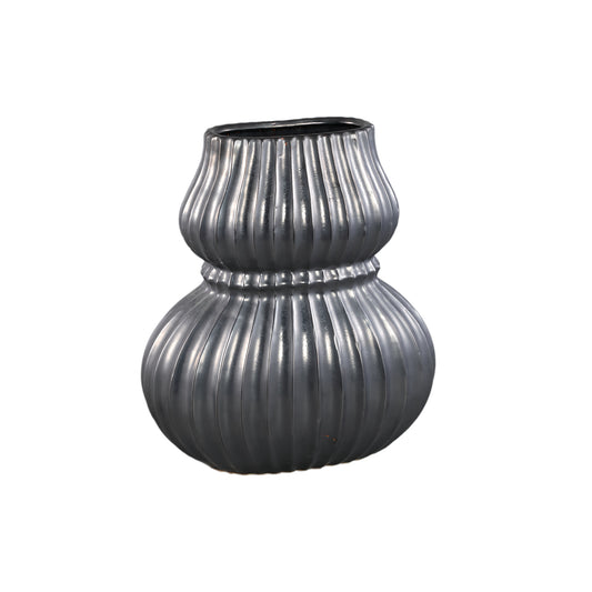 Halta Black Oval Ceramic Bulby Vase Ribbed L