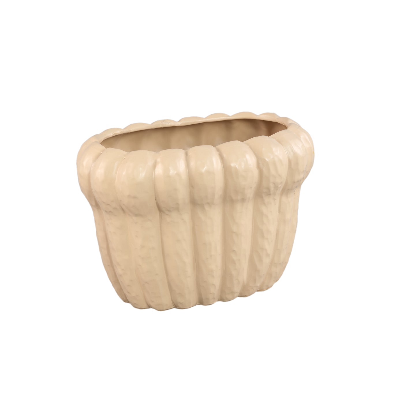 Samaran Cream Oval Ceramic Pot Ribbed L