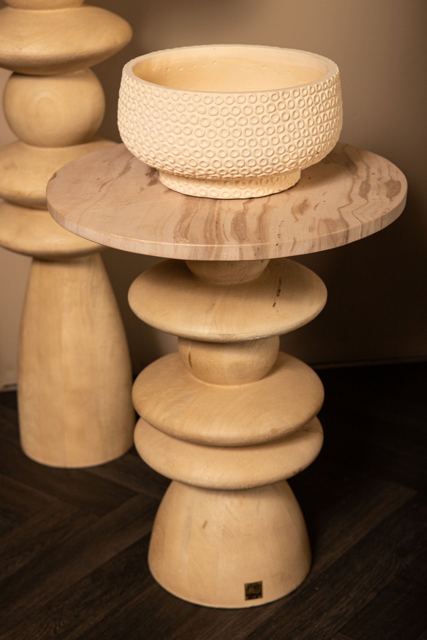 Callain Natural Mango Wood Side Table Marble Rnd S