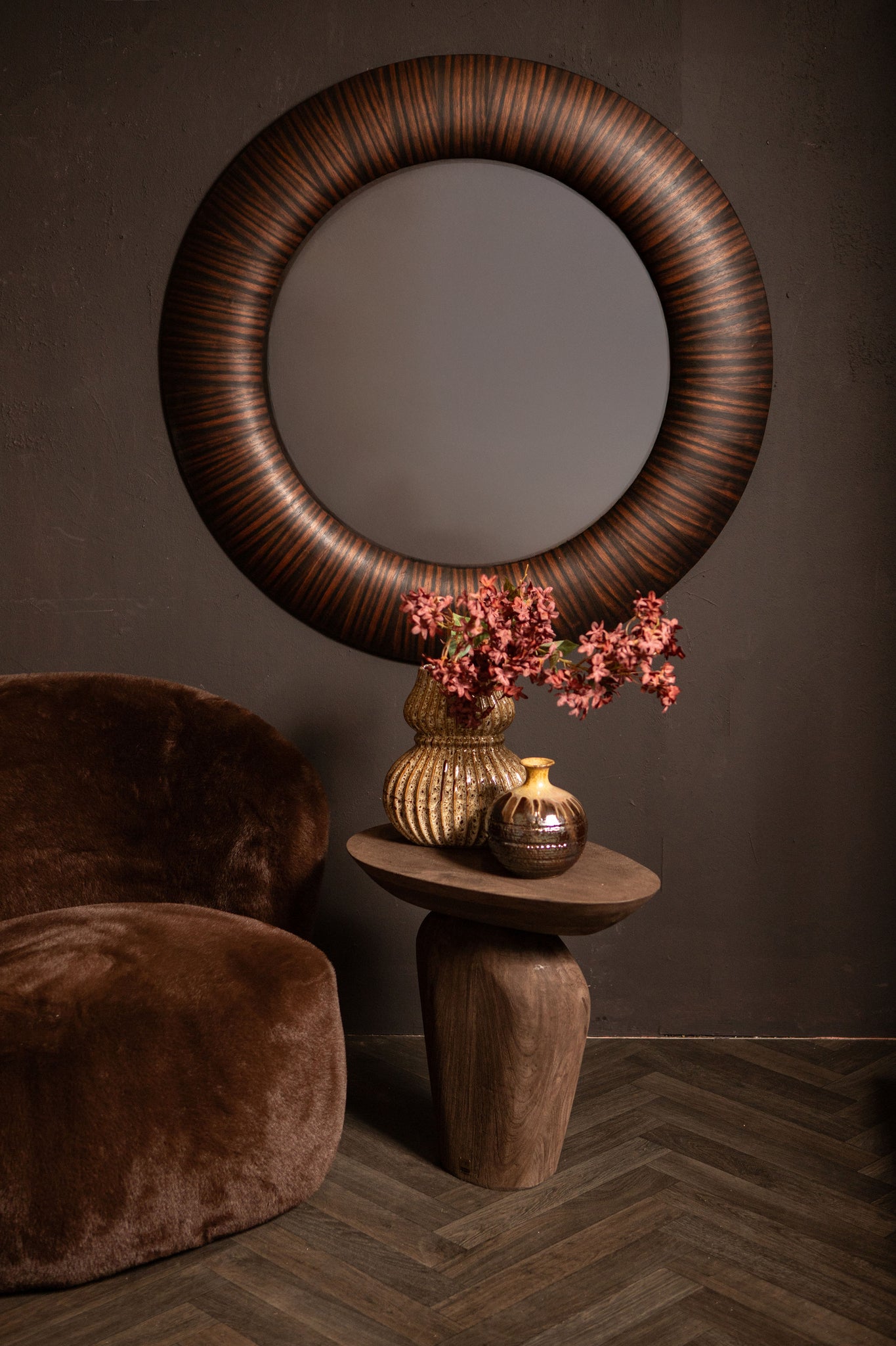 Gezzy Brown Wooden Veneer Mirror Thick Frame Round