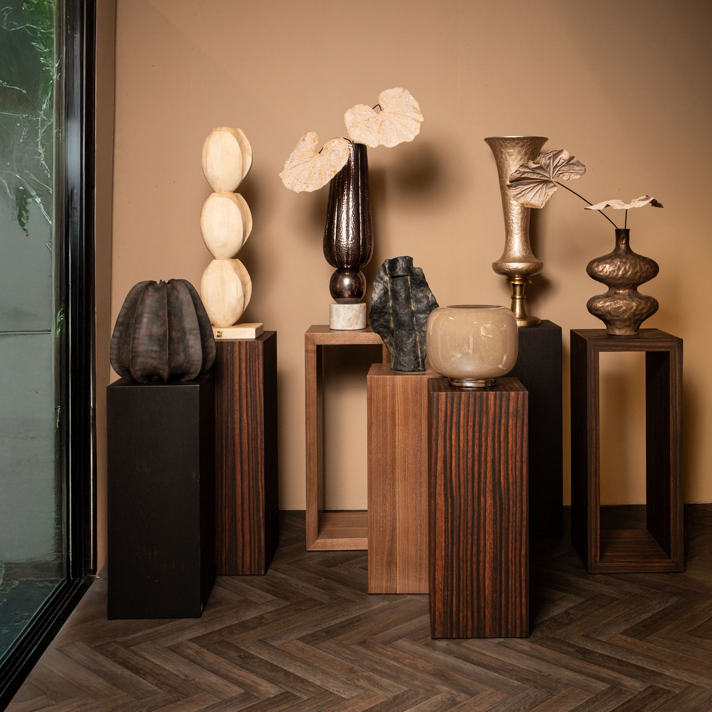 Tiess Brown Wooden Veneer Pedestal Set Of 2