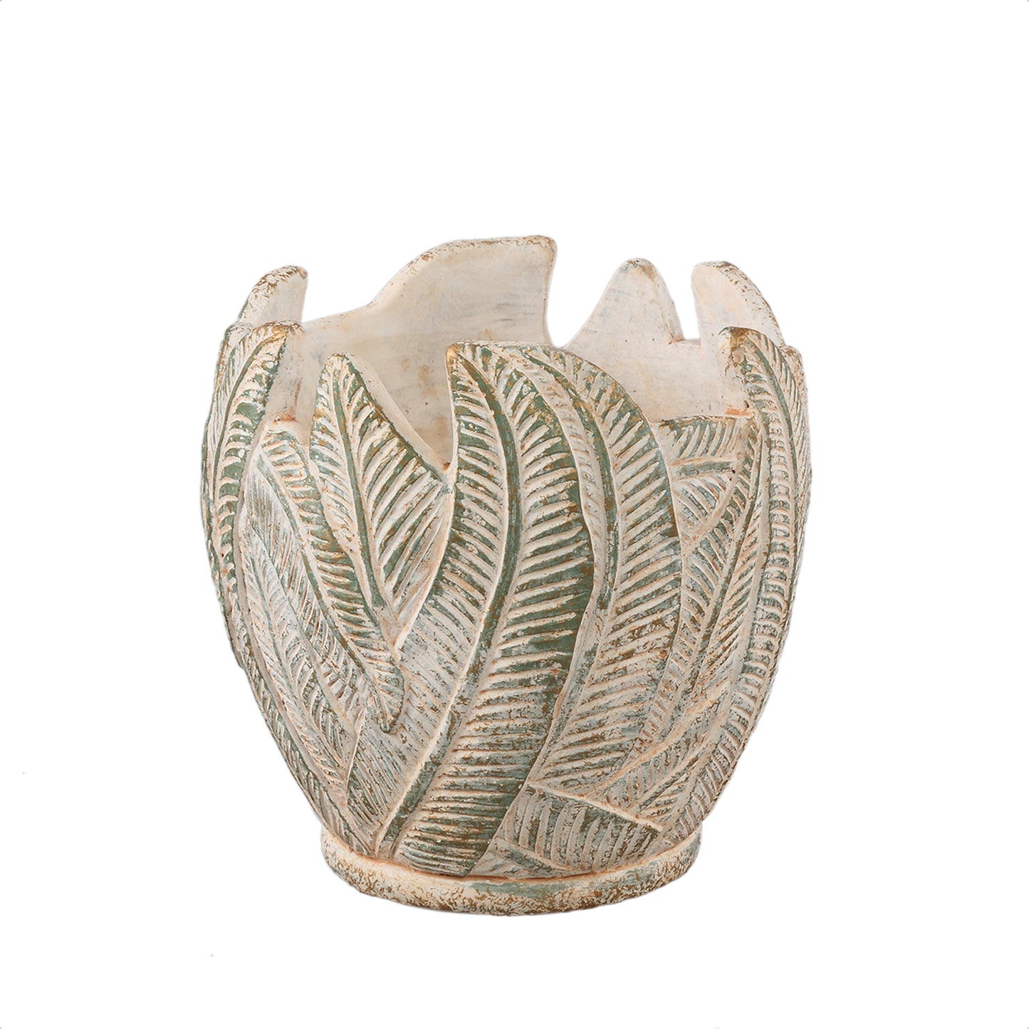 Noami Cream Cement Round Pot W Leaves Pattern L