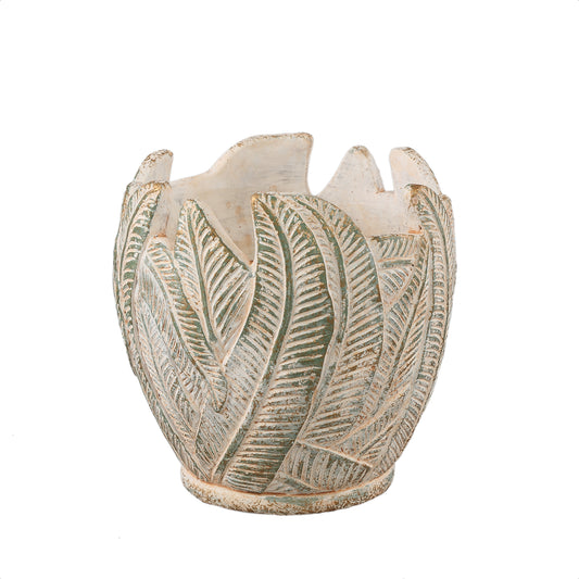 Noami Cream Cement Round Pot W Leaves Pattern L