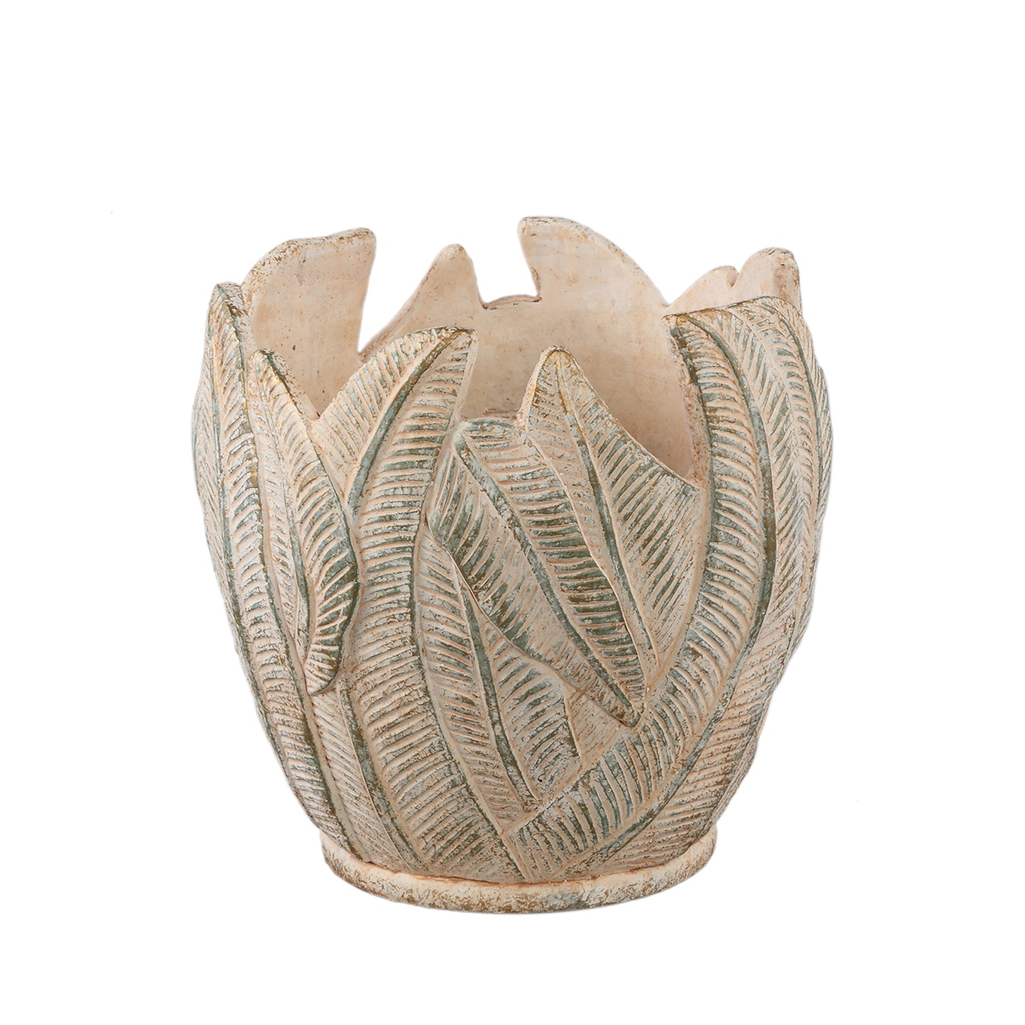 Noami Cream Cement Round Pot W Leaves Pattern XL