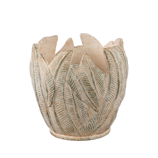 Noami Cream Cement Round Pot W Leaves Pattern XL