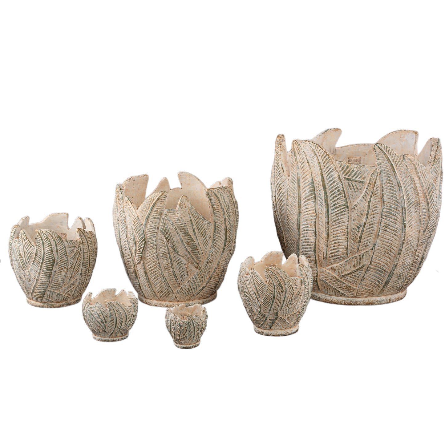 Noami Cream Cement Round Pot W Leaves Pattern XL