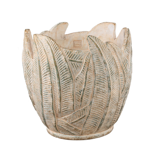 Noami Cream Cement Round Pot W Leaves Pattern XXL