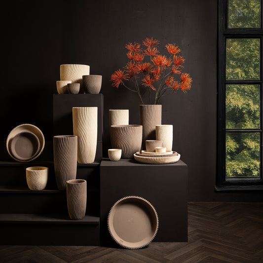 Lianna Beige Cement Round Pot Line Pattern XL