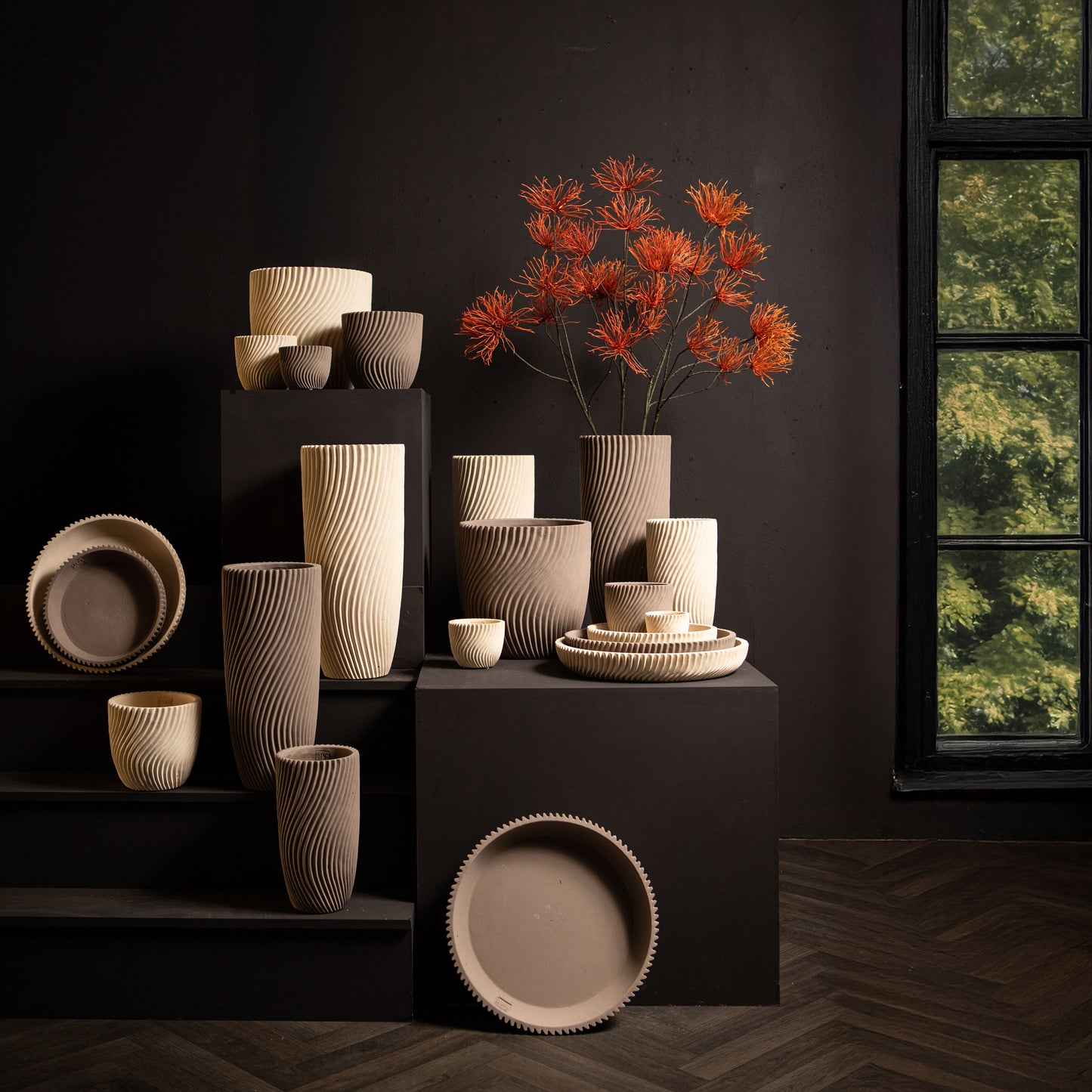 Lianna Beige Cement Round Bowl With Line Pattern L