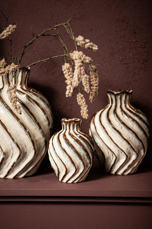 Marel White Round Ceramic Vase Swirl Lines M