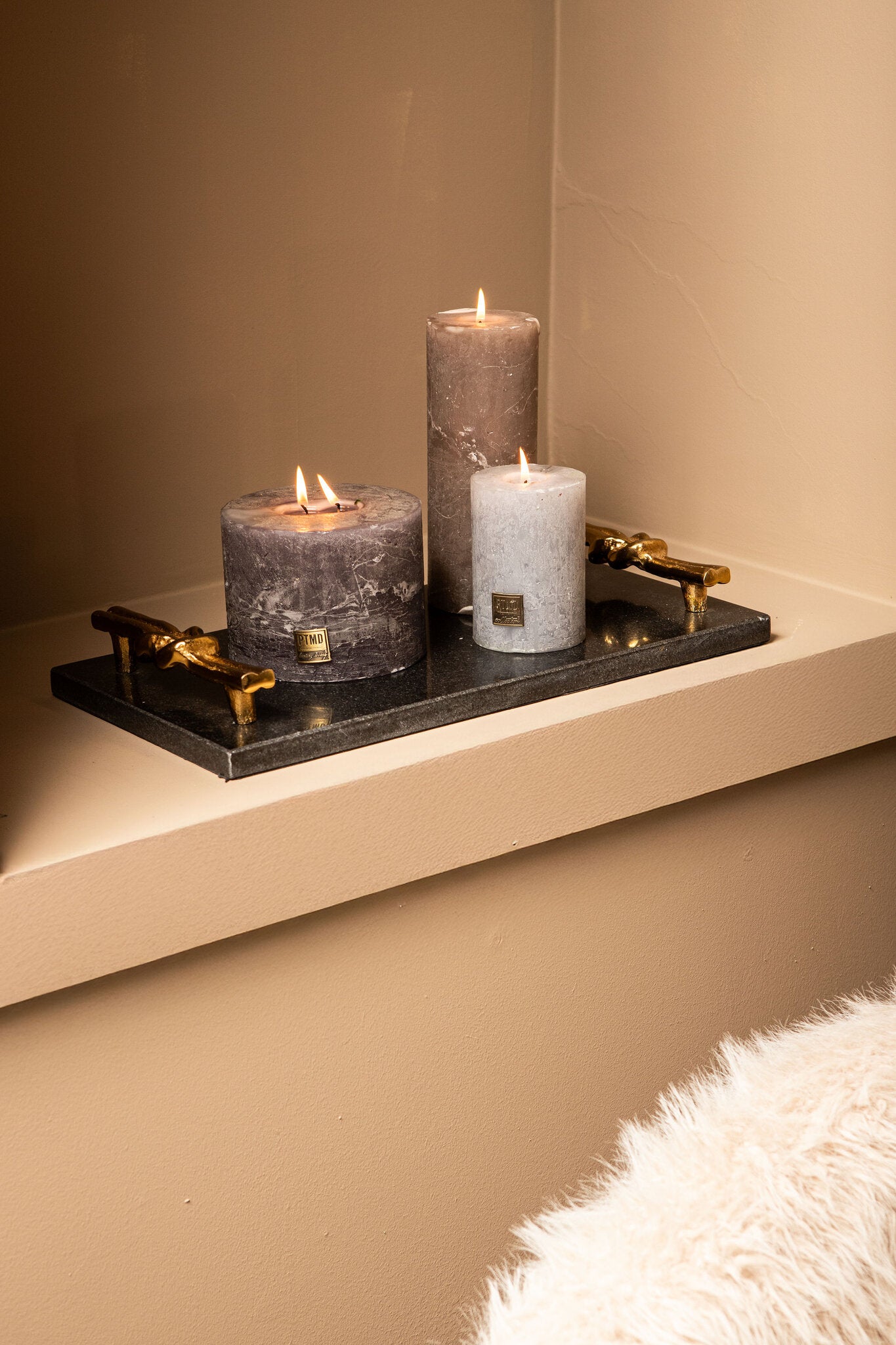 Aimie Zwart Marmeren Dienblad Set van 2 Stuks met Gouden Knoop Handvat 5x40x20 cm