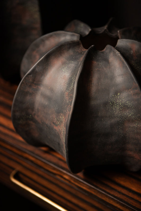 Grayson Black Ceramic Round Ribbed Vase Low