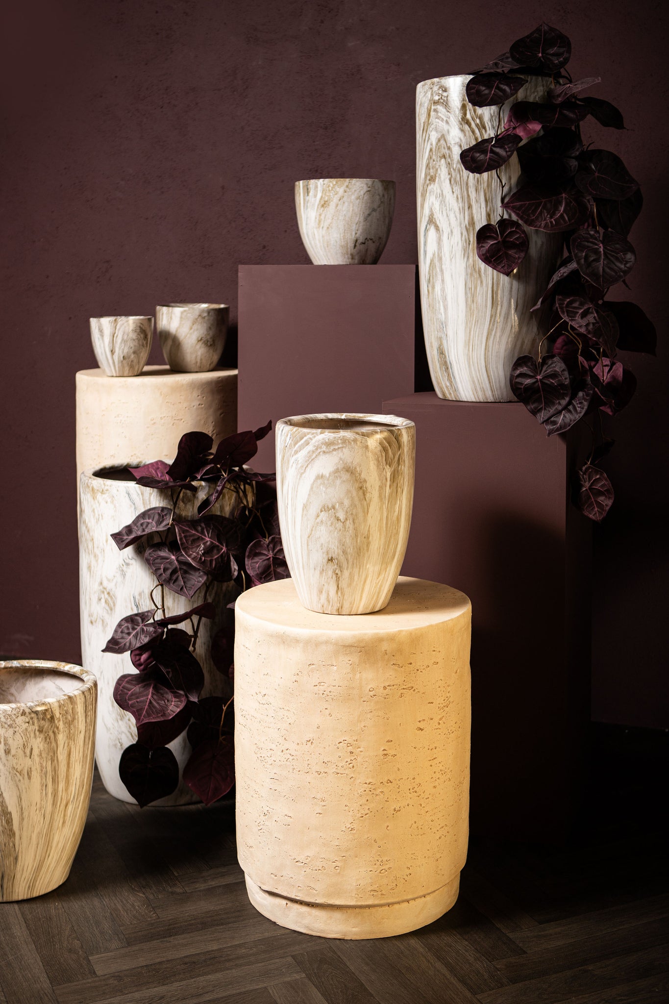 Miah Beige Ceramic Marble Look Pot Set Of 2 High