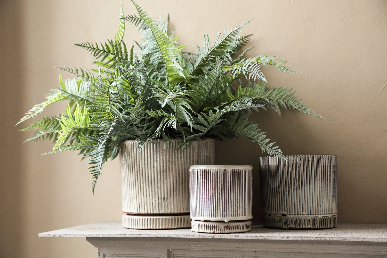 Meliya Crème Keramische Pot Set Van 4 Cilinder Geribfeld 28x33x33 cm