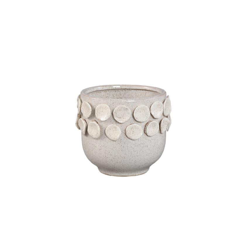 Trelin Witte Ronde Keramische Pot Met Stippen Aan Rand XS - Set van 8 13.5x14.5x14.5 cm