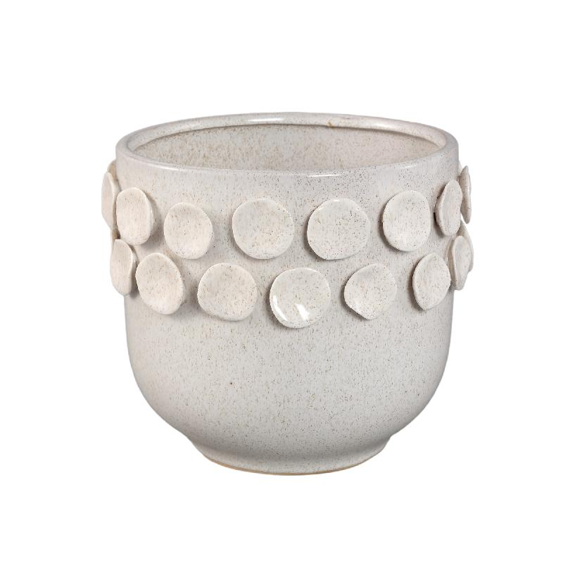 Trelin Witte Ronde Keramische Pot met Stippen Rand Set van 2 21x23x23 cm