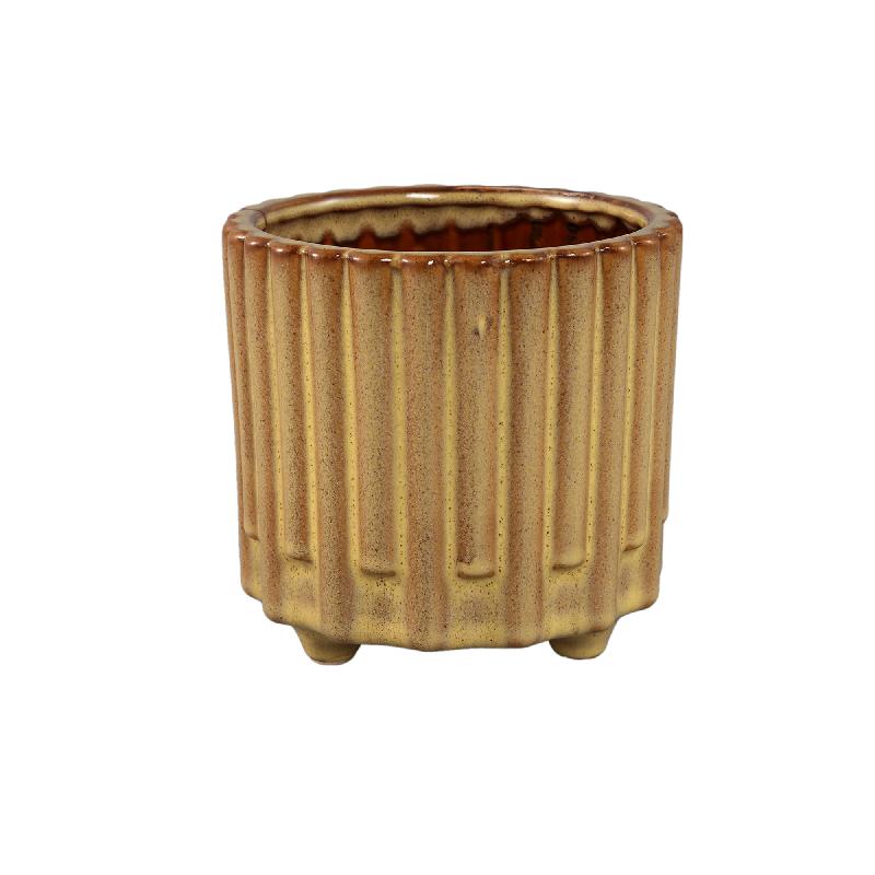 Derri Gele Keramische Pot Met Streeppatroon Op Pootjes L - Set van 6 14x15x15 cm