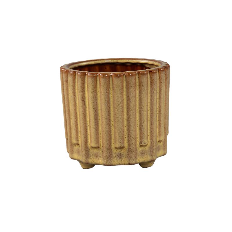 Derri Gele Keramische Pot met Streeppatroon op Pootjes M - Set van 12 12x13x13 cm