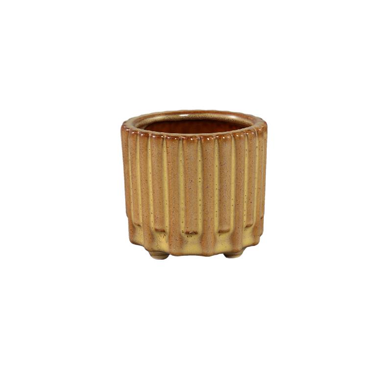 Derri Gele Keramische Pot met Streeppatroon op Poten XS Set van 12 7.5x8x8 cm