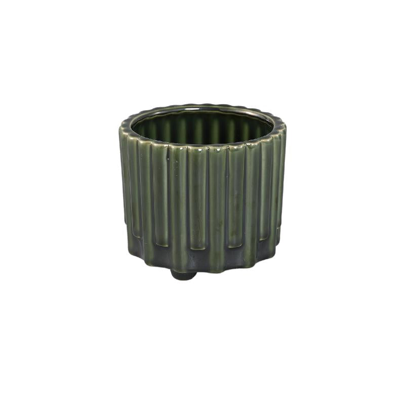 Derri Groene Keramische Pot Met Streeppatroon Op Poten S - Set van 12 9.5x10.5x10.5 cm