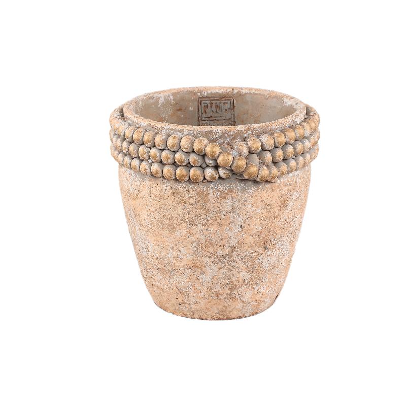 Rydel Bruine Ronde Cement Pot Met Kralenrand L - Set van 8 17x18x18 cm