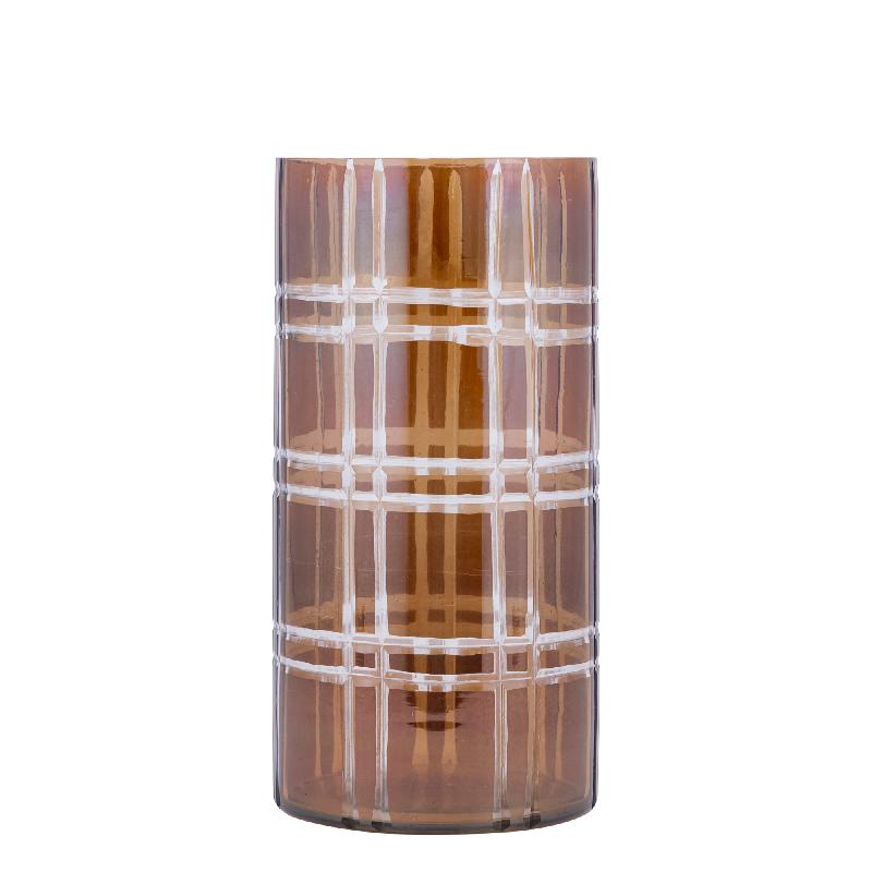 Divit Donkerbruin Rond Glazen Windlicht met Strepen Set van 2 30x15x15 cm