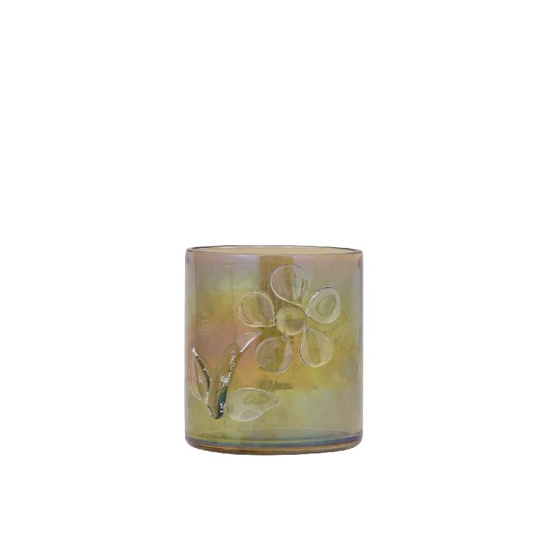 Allya Groen Rond Glazen Theelicht Met Bloem Set Van 6 Stuks 10x9x9 cm