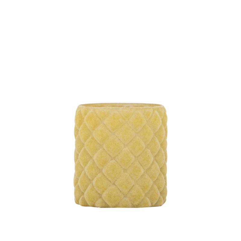Amella Geel Flocking Glazen Theelicht Ruit Set van 12 Stuks 8x7x7 cm