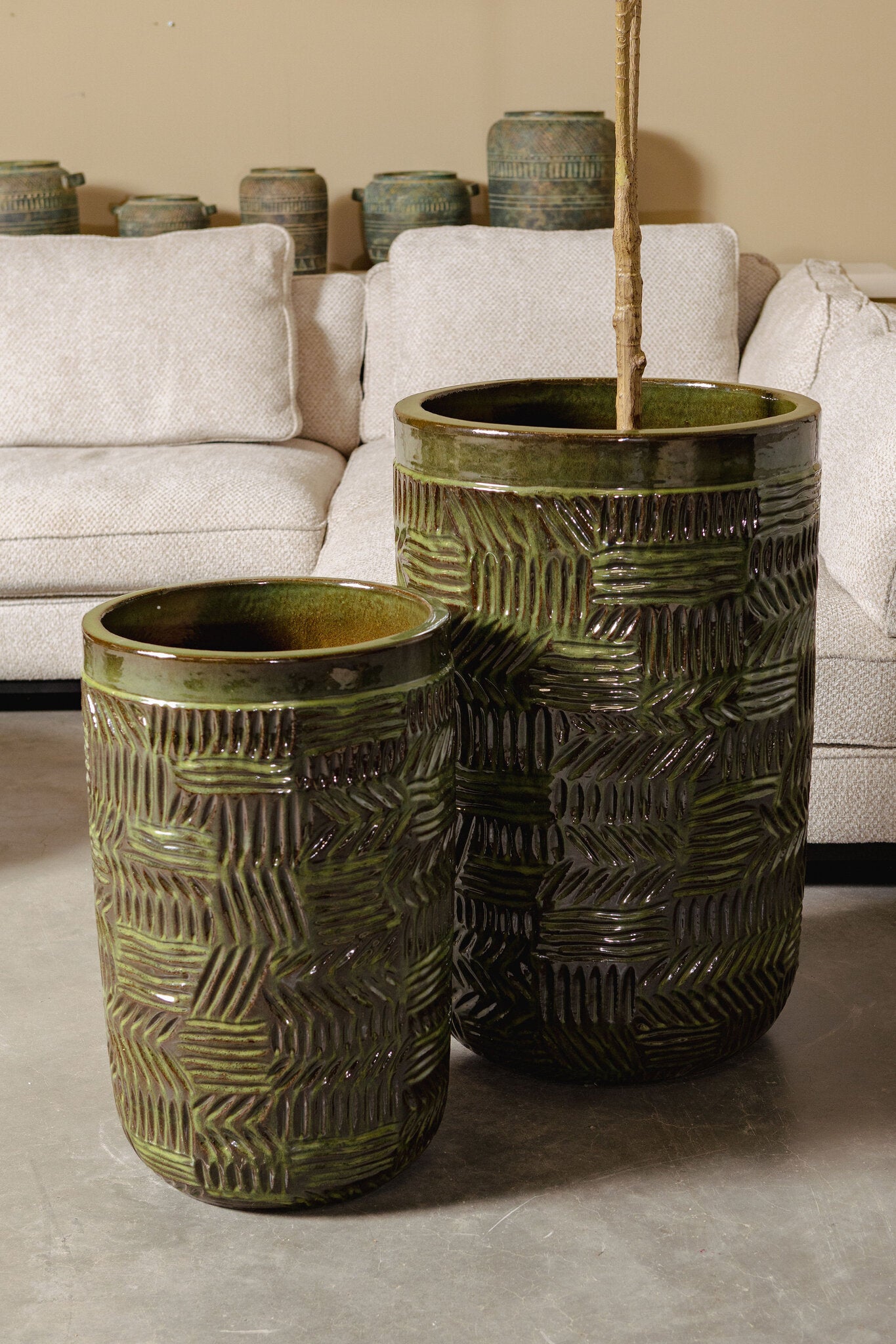 Nikko Donkergroen Keramische Pot Rond Patroon Set Van 2 74x46x46 cm