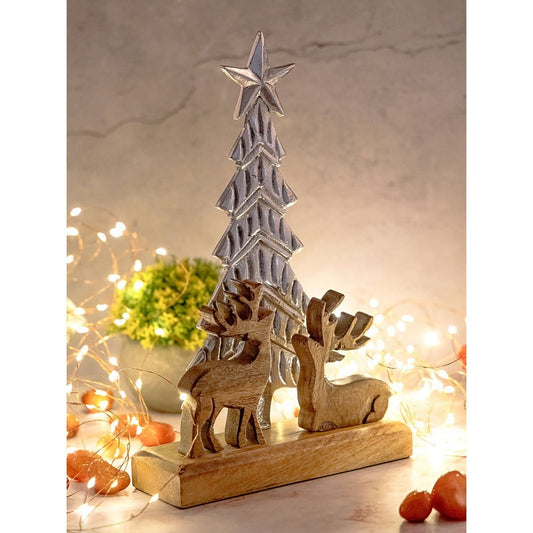 Voglrieder kreatives Wohnen Decoratief figuur kerstboom met hert 20x31cm Kerstdecoratie mangohout aluminium
