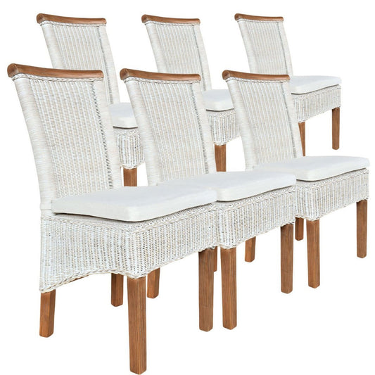 Voglrieder kreatives Wohnen Eetkamerstoelenset rotan stoelen Perth 6 stuks witte zitkussens linnen wit