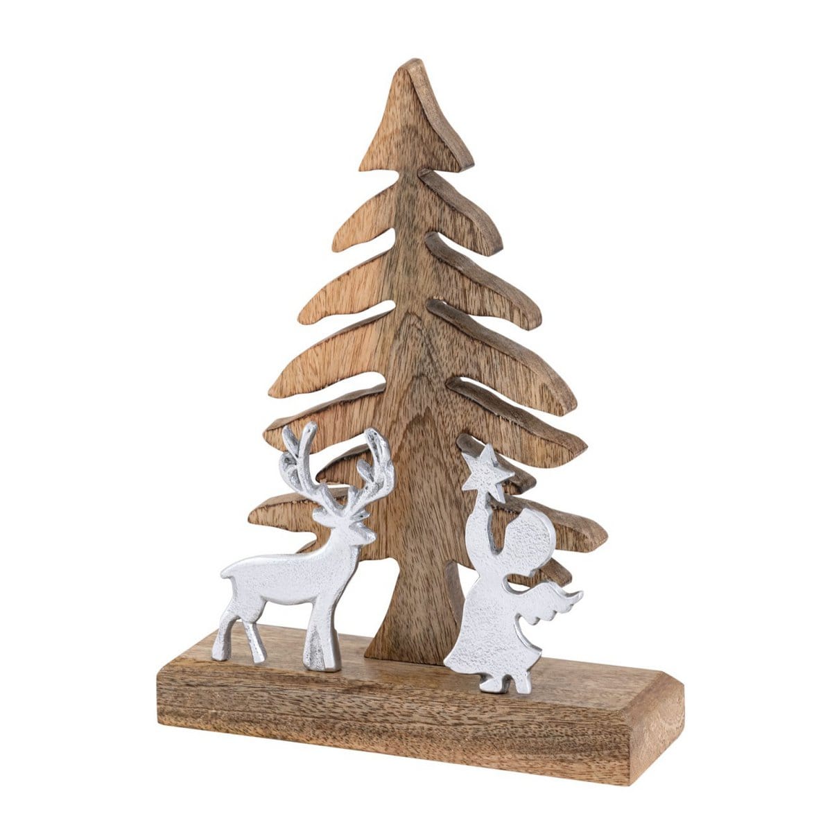 Voglrieder kreatives Wohnen Houten figuur kerstboom met hert en engel 20x27cm Kerstdecoratie mangohout aluminium