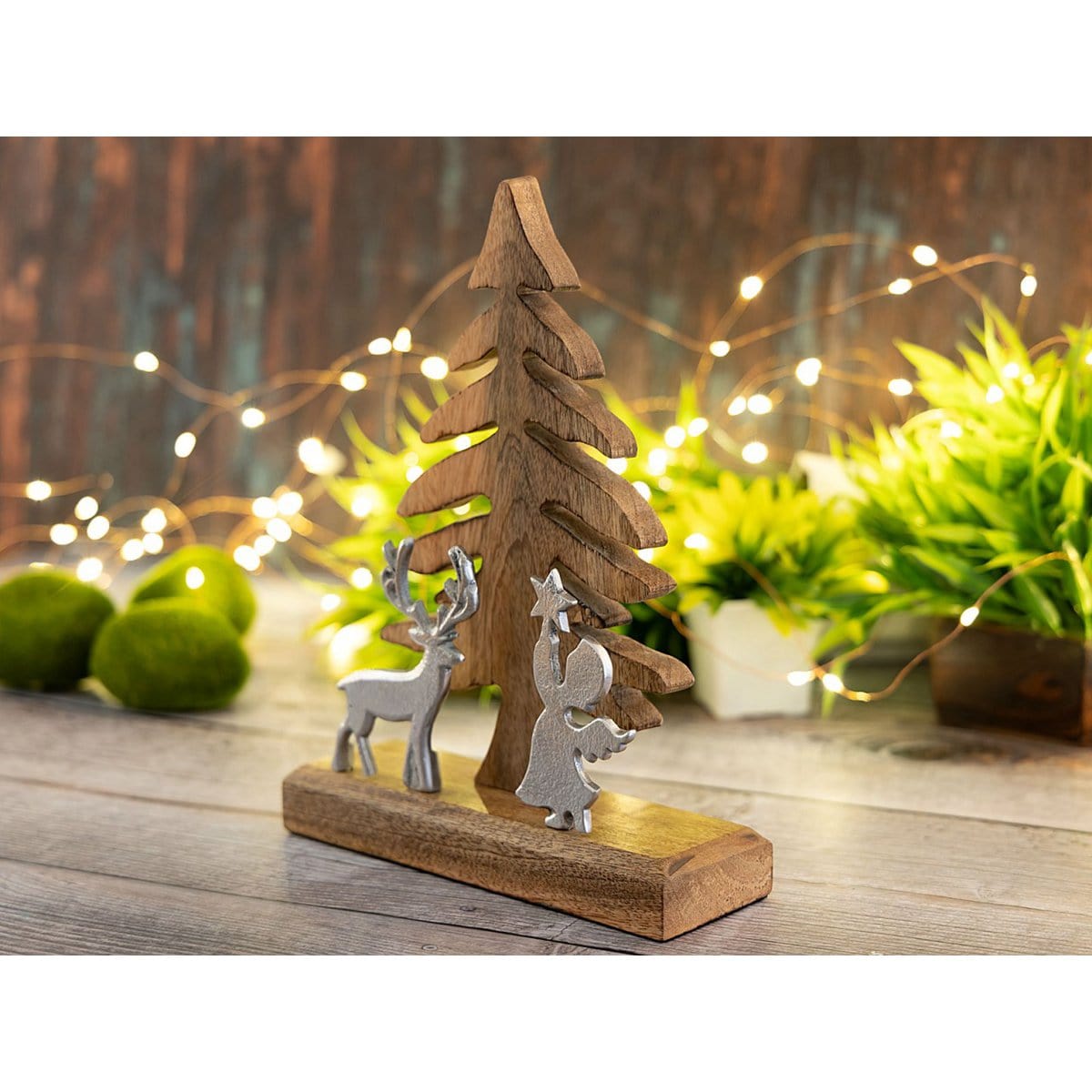 Voglrieder kreatives Wohnen Houten figuur kerstboom met hert en engel 20x27cm Kerstdecoratie mangohout aluminium