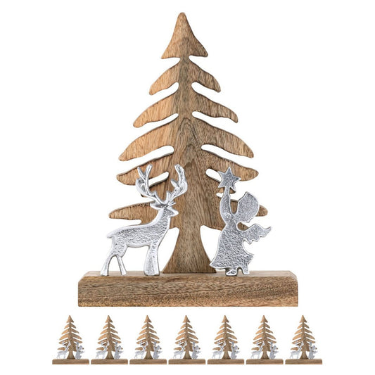 Voglrieder kreatives Wohnen Houten figuur kerstboom met hert en engel 20x27cm Masterbox 8-delige kerstdecoratie mangohout
